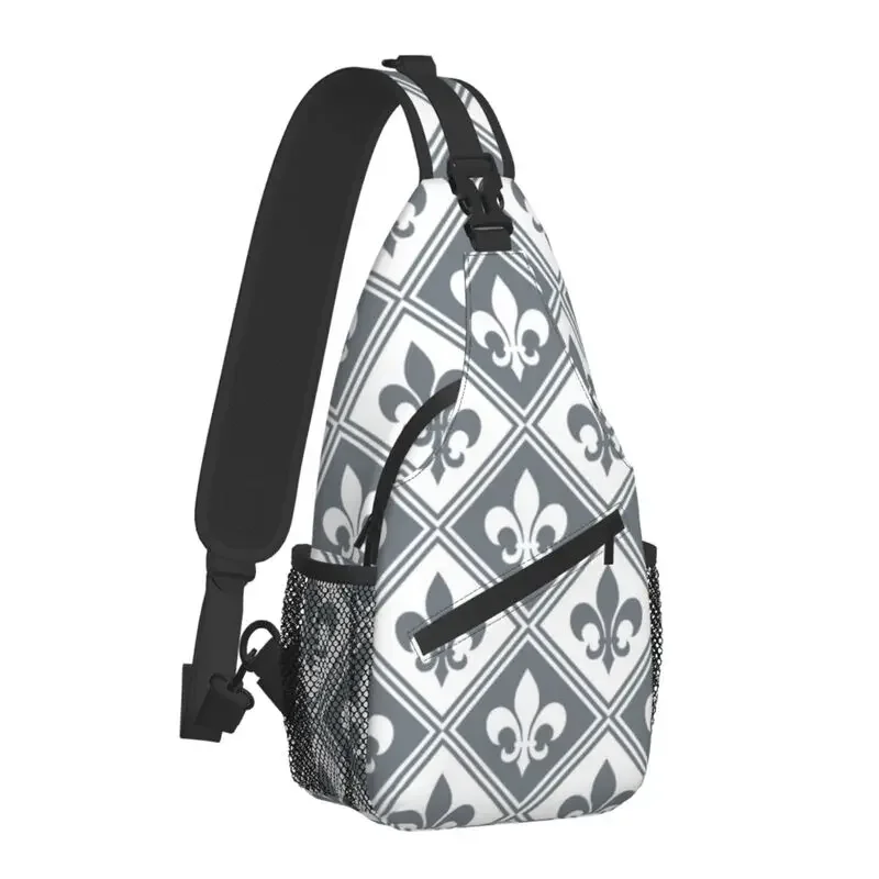 Grey Fleur De Lis And Diamond Pattern Sling Chest Bag Lily Floral Shoulder Crossbody Backpack for Men Cycling Camping Daypack