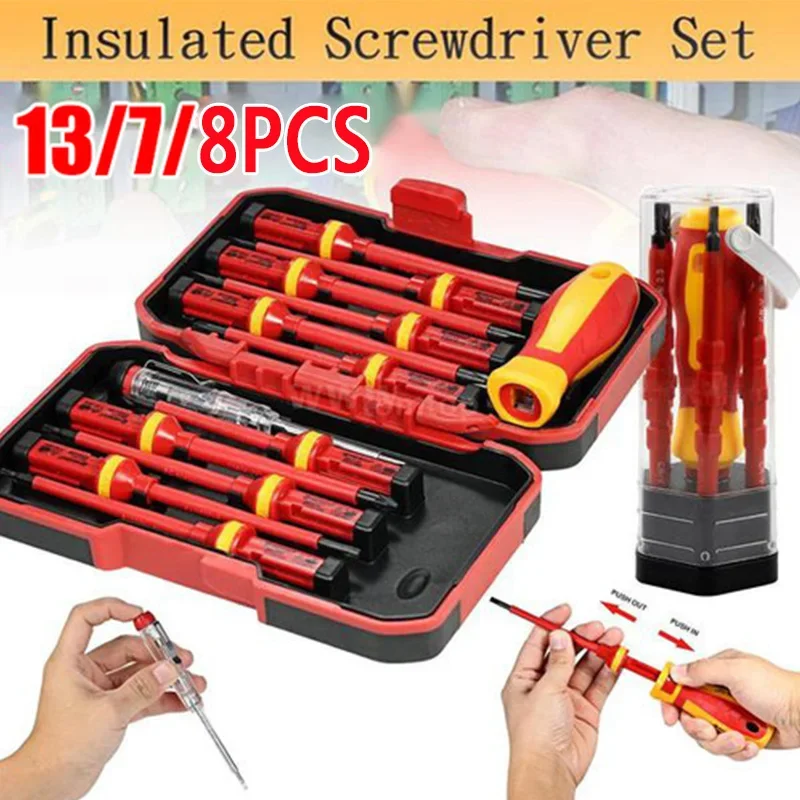 8/10/13pcs 1000V Changeable Insulated Screwdrivers Set with Magnetic Slotted Phillips Pozidriv Torx Bits Electrician Repair Tool