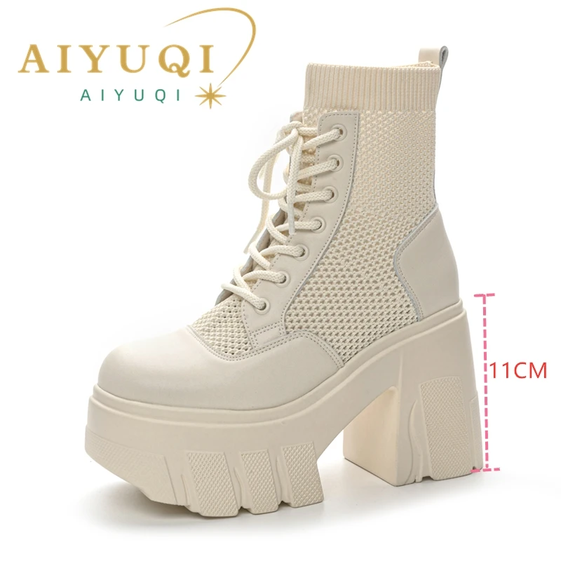 AIYUQI, botas de verano para mujer, nuevas botas de red con plataforma, altura del tacón de 11 cm, botas geniales de moda para mujer 2025
