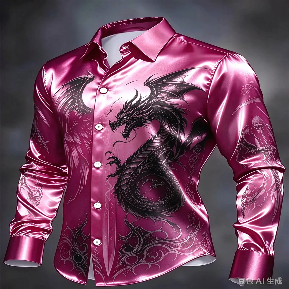 Luxury Glossy Satin Men Shirt, Gothic Black Dragon Print Long Sleeve Lapel Button Up Shirt, Slim Fit Formal Party Wedding Dress