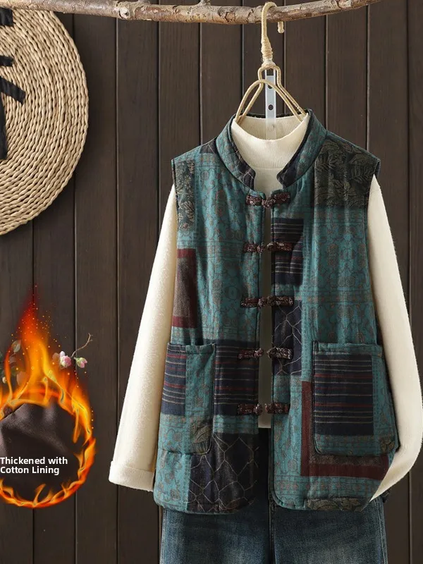 

Autumn Winter Thiened Cotton Women's Casual Printed Vest Traditional Chinese Sle Button up Outerwear Warm Commuter Sle