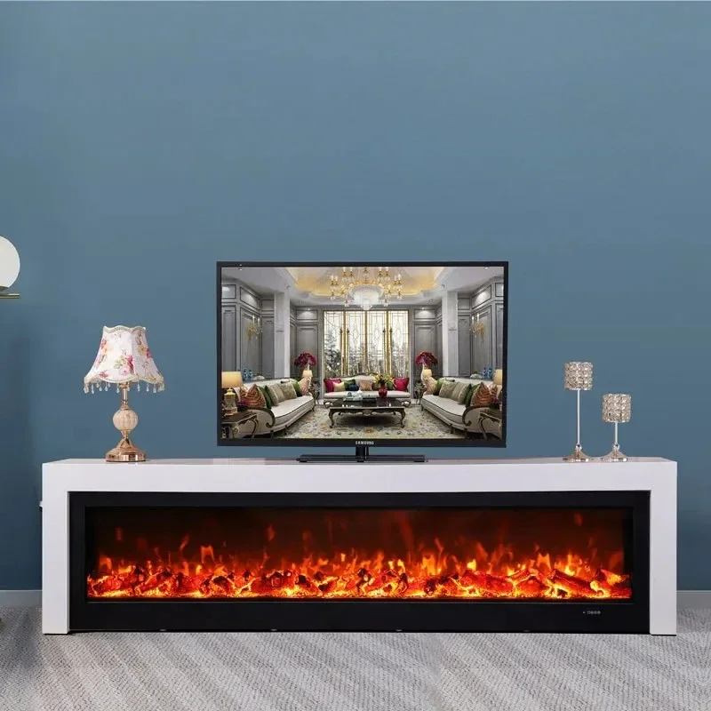 Light luxury solid wood modern simple white TV cabinet electric fireplace background wall living room simulation heating furnace