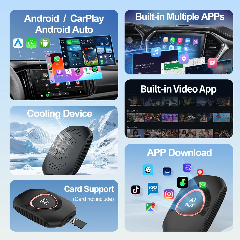 2026 KowanKit 5 in 1 Wireless CarPlay Android Auto Mini AI Box Android TV For Youtube Netflix BT WiFi Plug Play Smart Adapter