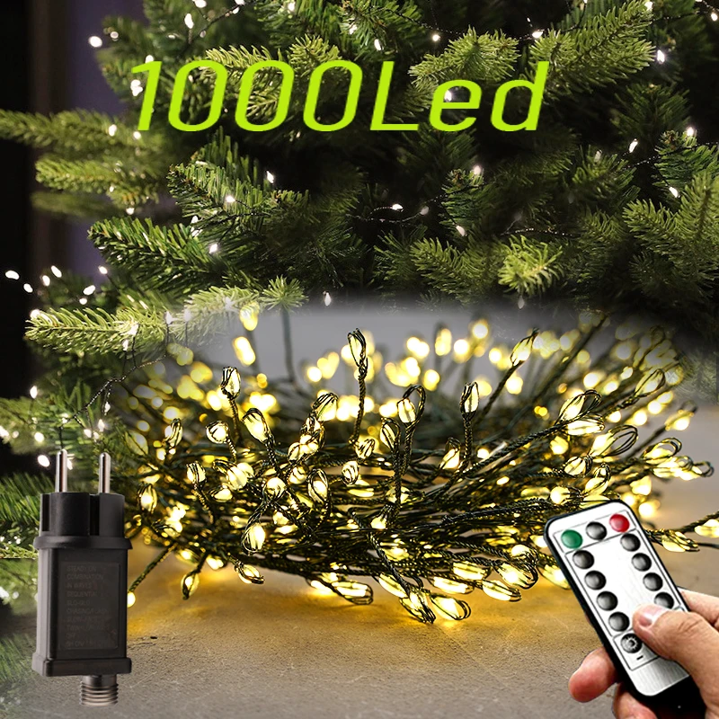 Green Cluster Natal Garland String Lights, Decoração ao ar livre, Jardim interior Tree Plug, Decoração de iluminação de férias, Casamento, 220V, 18m