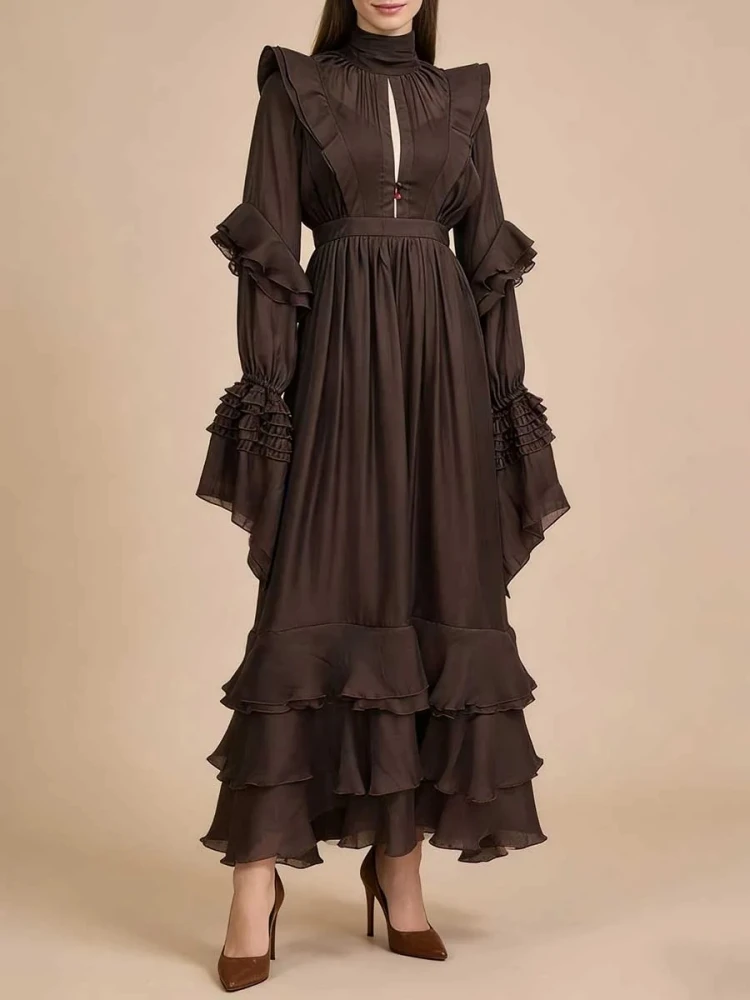 섹시한 하이 칼라 긴 소매 계단식 러플 컷아웃 롱 드레스 벨트 포함 여성용 브라운 나비 소매 A라인 드레스 이브닝 드레스
