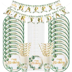 Foglia di eucalipto verde Stoviglie usa e getta Piatto di carta Tazza Tovagliolo Banner Bambini Adulti Buon compleanno Festa di compleanno Decor Supplies
