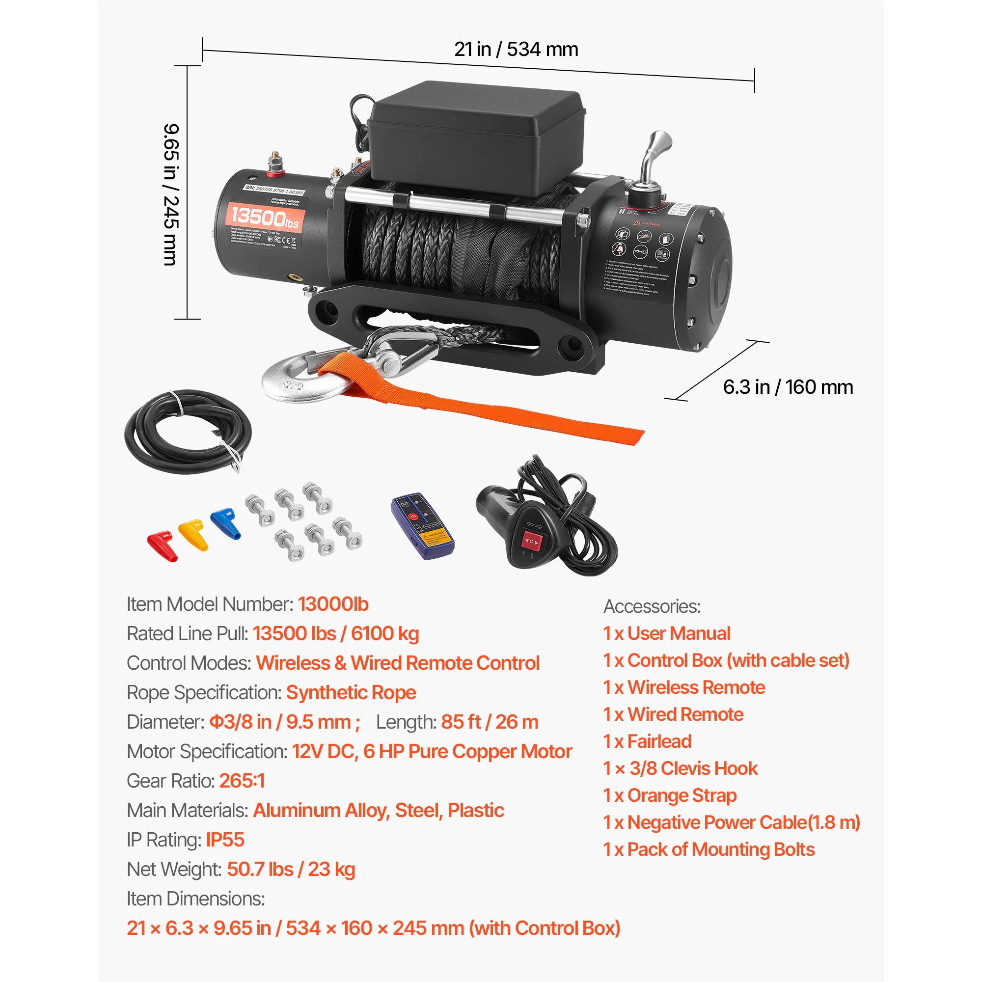 SucceBuy 13500 lbs elektrische lier 12V synthetisch touw autolier met bekabelde draadloze bediening voor slepen SUV off-road Jeep Trailer