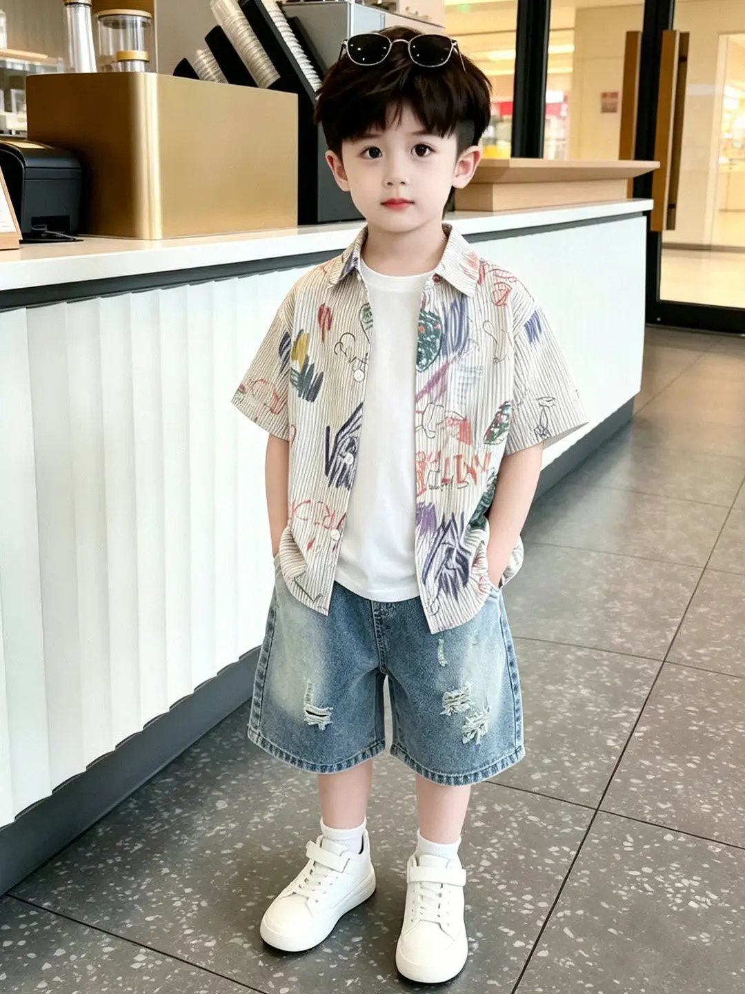 クールなグラフィティ柄半袖シャツセット-男の子用-軽量サマーファッション-ツーピーススーツ-子供服-漫画デザイン