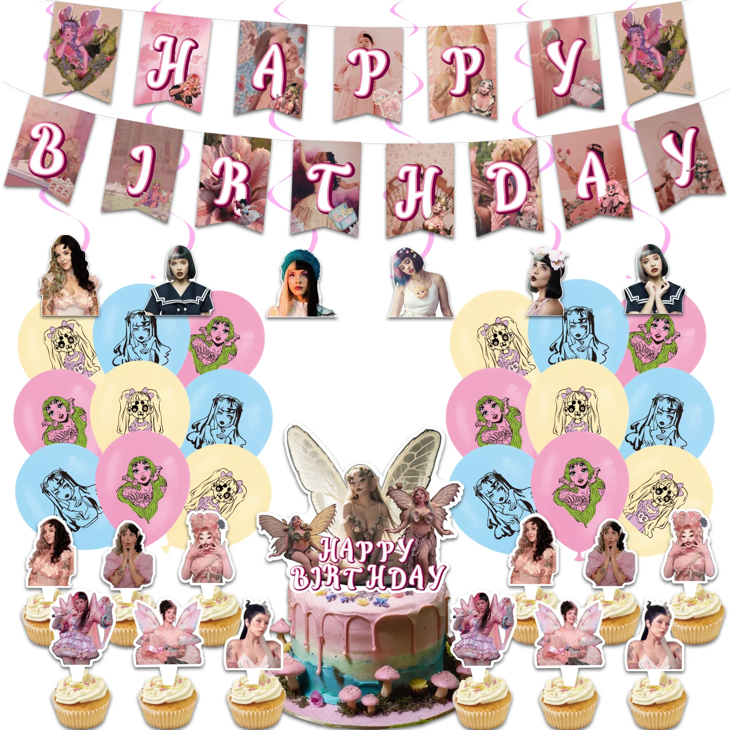 Melanie Martinez Theme Brithday Party Decoration Pink Balloon Banner Cake Topper Background Pop Singer Supplies For Music Fans