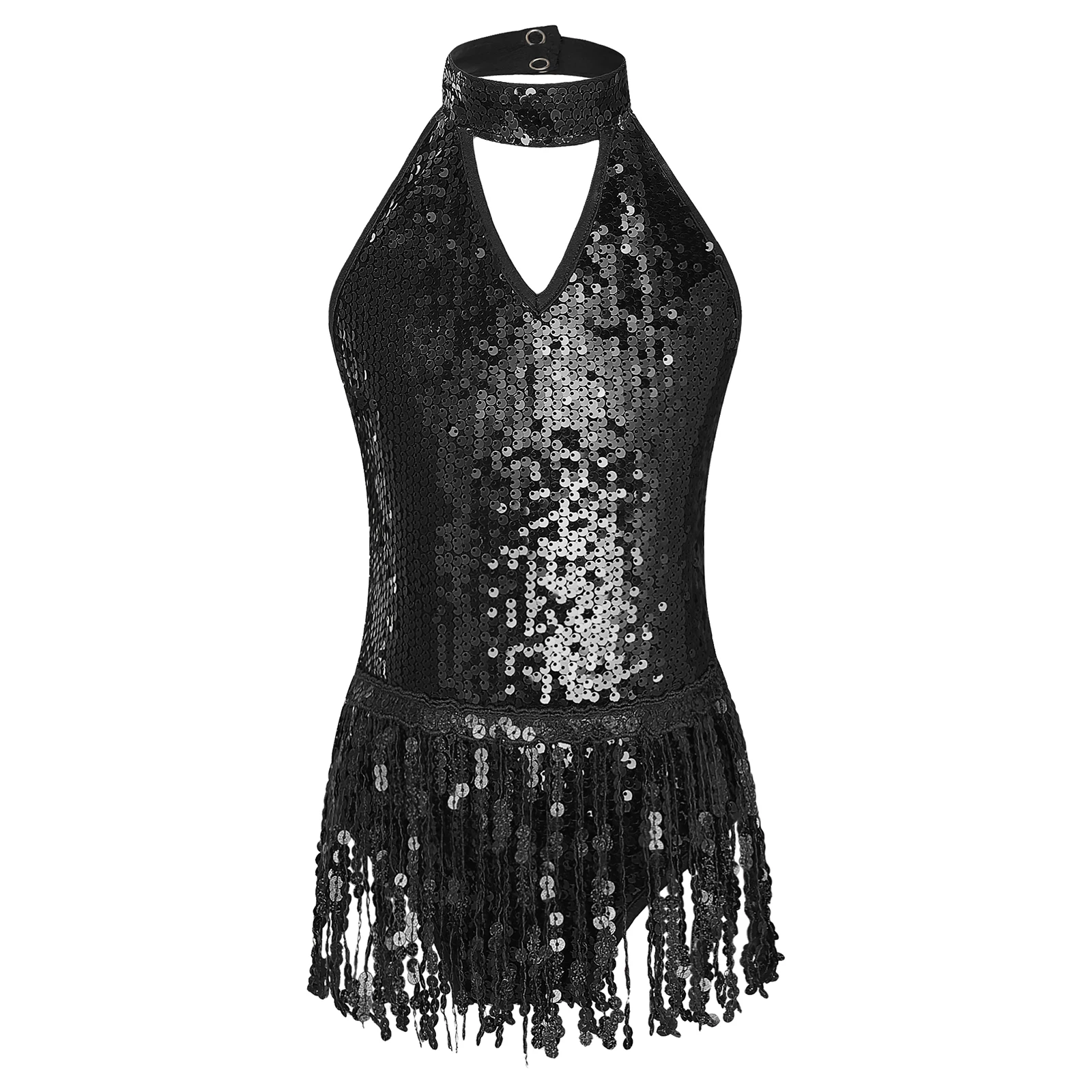 Kids Girls Latin Dance Fringed Dress Teens Shiny Sequins Sleeveless Tassel Leotards for Chacha Tango Jazz Dancing Dancewear