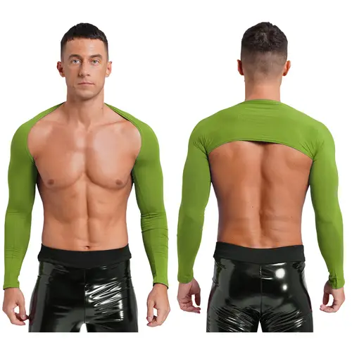 Men Open Front Half Crop Top Solid Long Sleeve Cardigan Bolero Shrug Tops Muscle Arm Sleeves Workout Sports Gym Tops Clubwear - Image 16