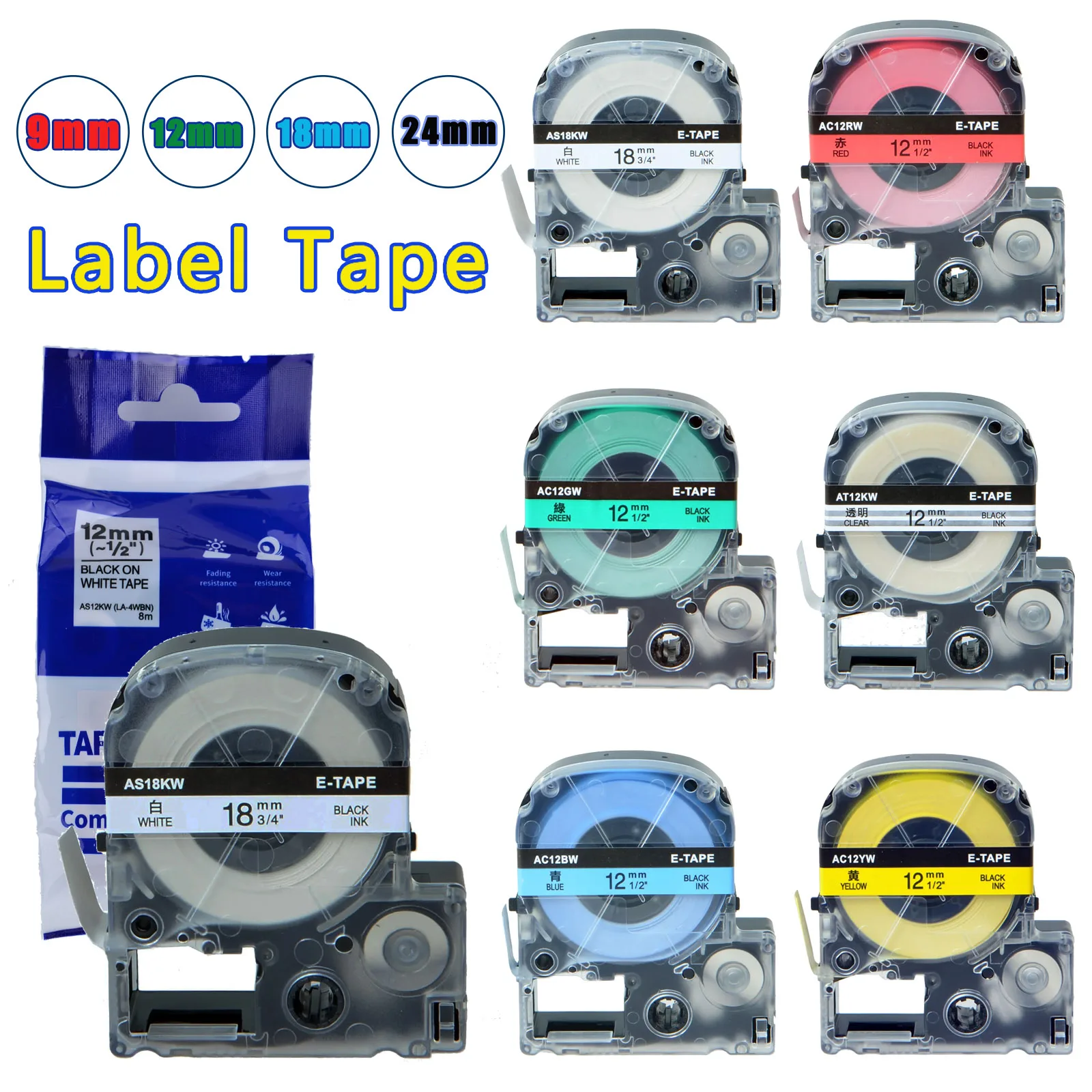 1PK 9/12/18/24mm Label Tape SS12KW SS18KW 24KW Labeling Ribbon Compatible for Epson LW-400 LW-300 LW-700 LC-4WBN9 Label Printer