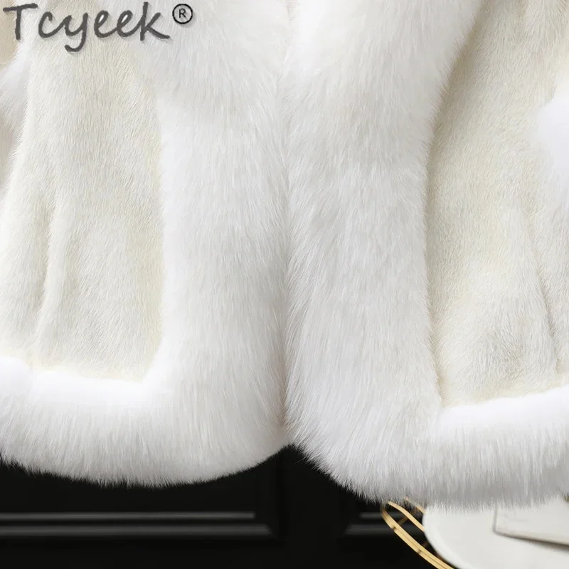 Casaco natural Twinyeek Mink Fur Shawl para mulheres, jaquetas de inverno com gola raposa quente, xales inteiros curtos, roupas femininas, 2022