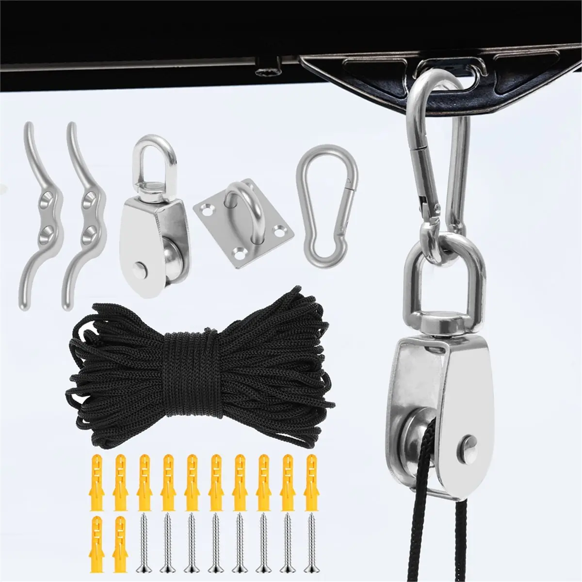 【Tools & Parts】 M25 Stainless Steel Pulley Tool 330 Lbs Load Capacity Heavy Duty Pulley Wheel with Nylon Rope for Indoor Outdoor
