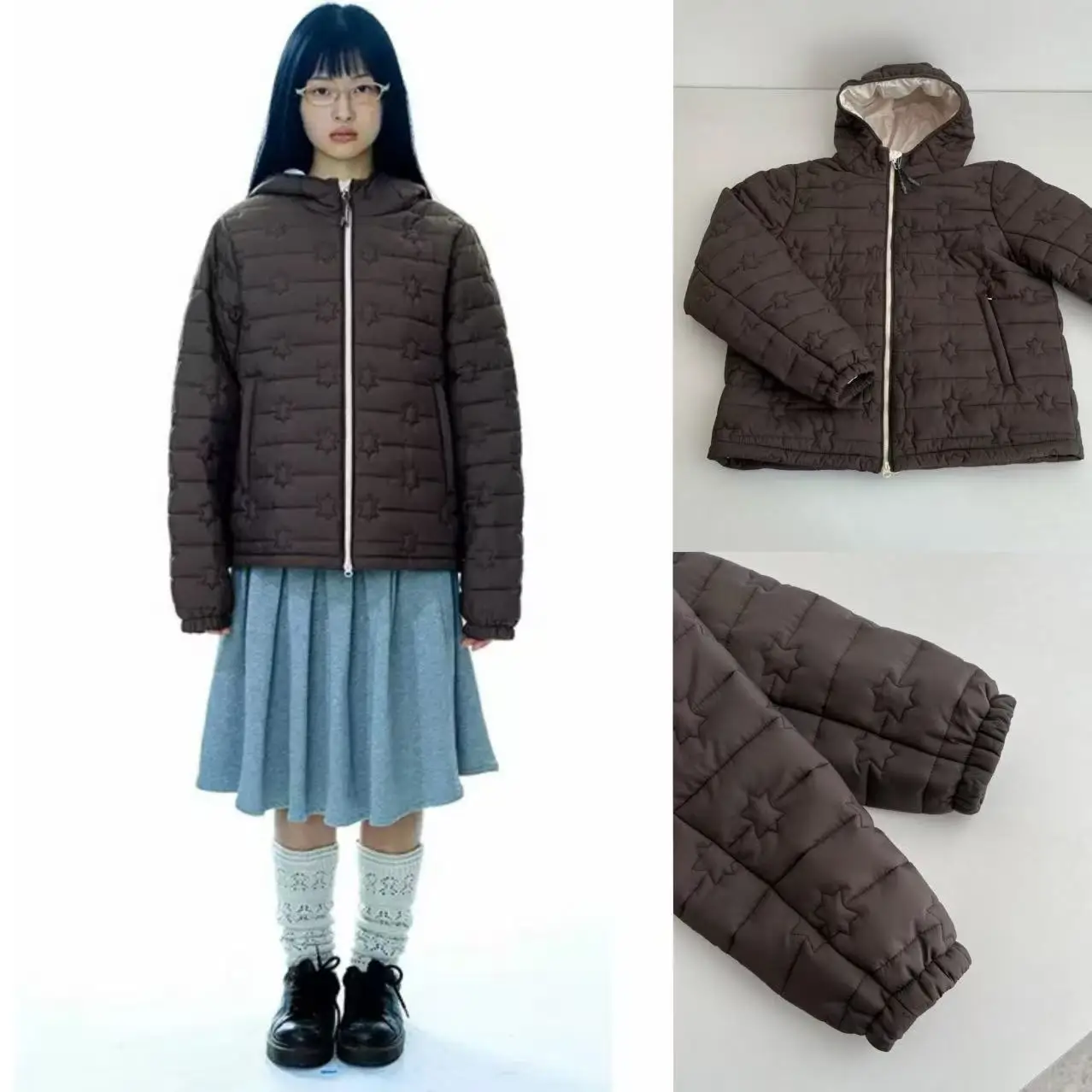 

Lightweight Warmth Zipper Hooded Embroidery Women's Cotton Jaet Qui very Coyseio Comic Sle Star Stitched Coat