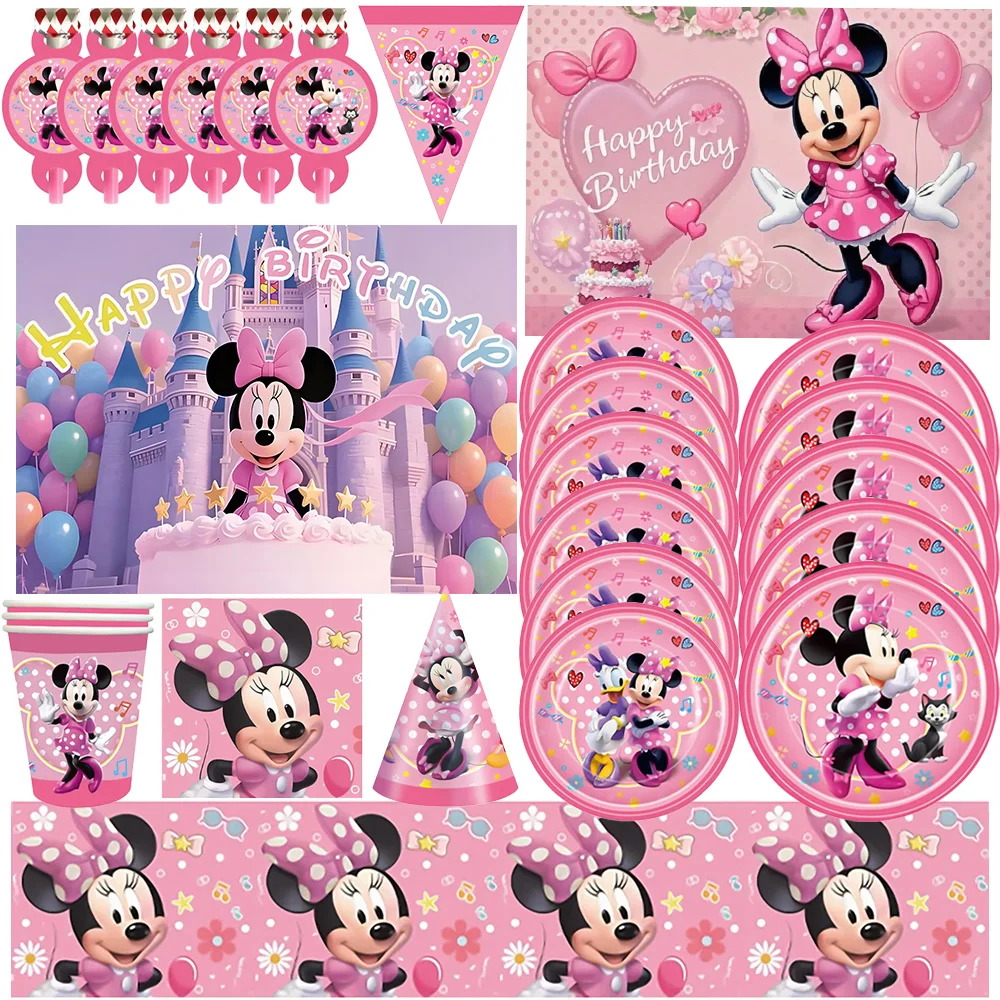

Disney Minnie Mouse Girl Birthday Party Decoration Disposable Tableware Plates Tablecloth Background Baby Shower Party Supplies