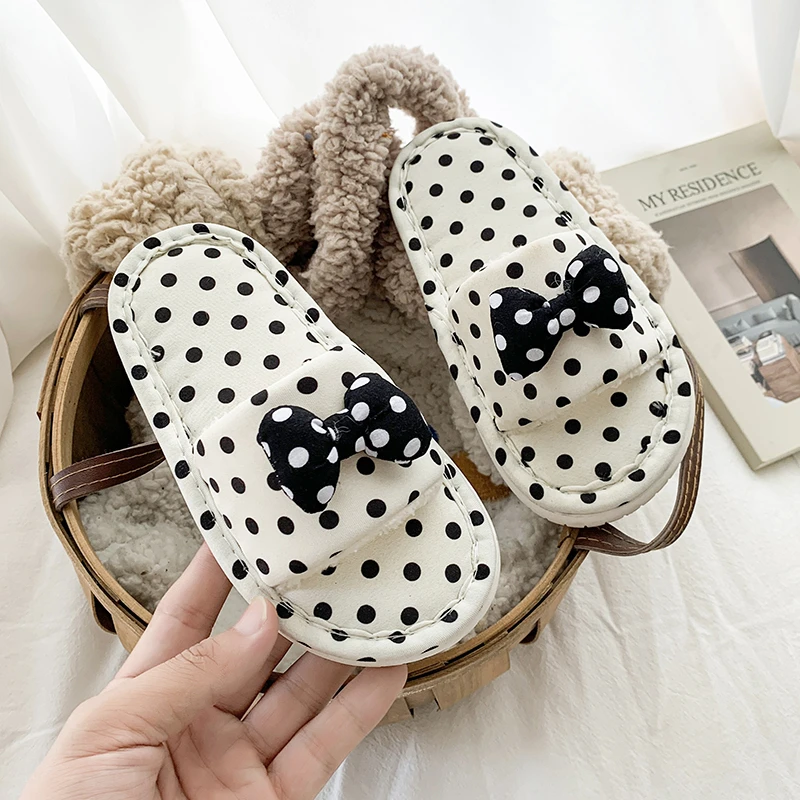 Children Winter Slippers Toddler Polka Dot Bow Girls Open‑Toe Flat Slippers House Non-slip Soft Bottom Kids Causal Home Shoes