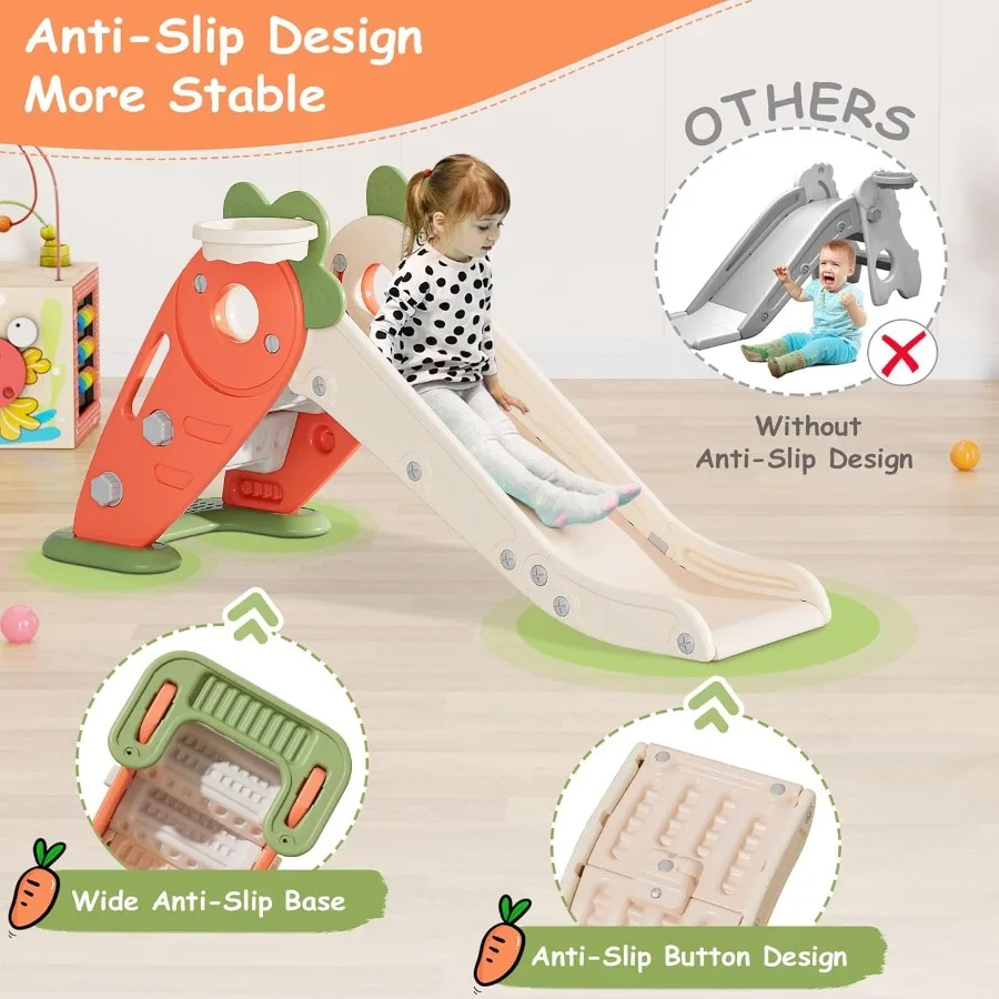 BIERUM Toddler Slide 3 in 1 Indoor Foldable Slide for Toddlers Age 1-2 Carrot Theme Freestanding Slide Baby Play Slide Indoor a