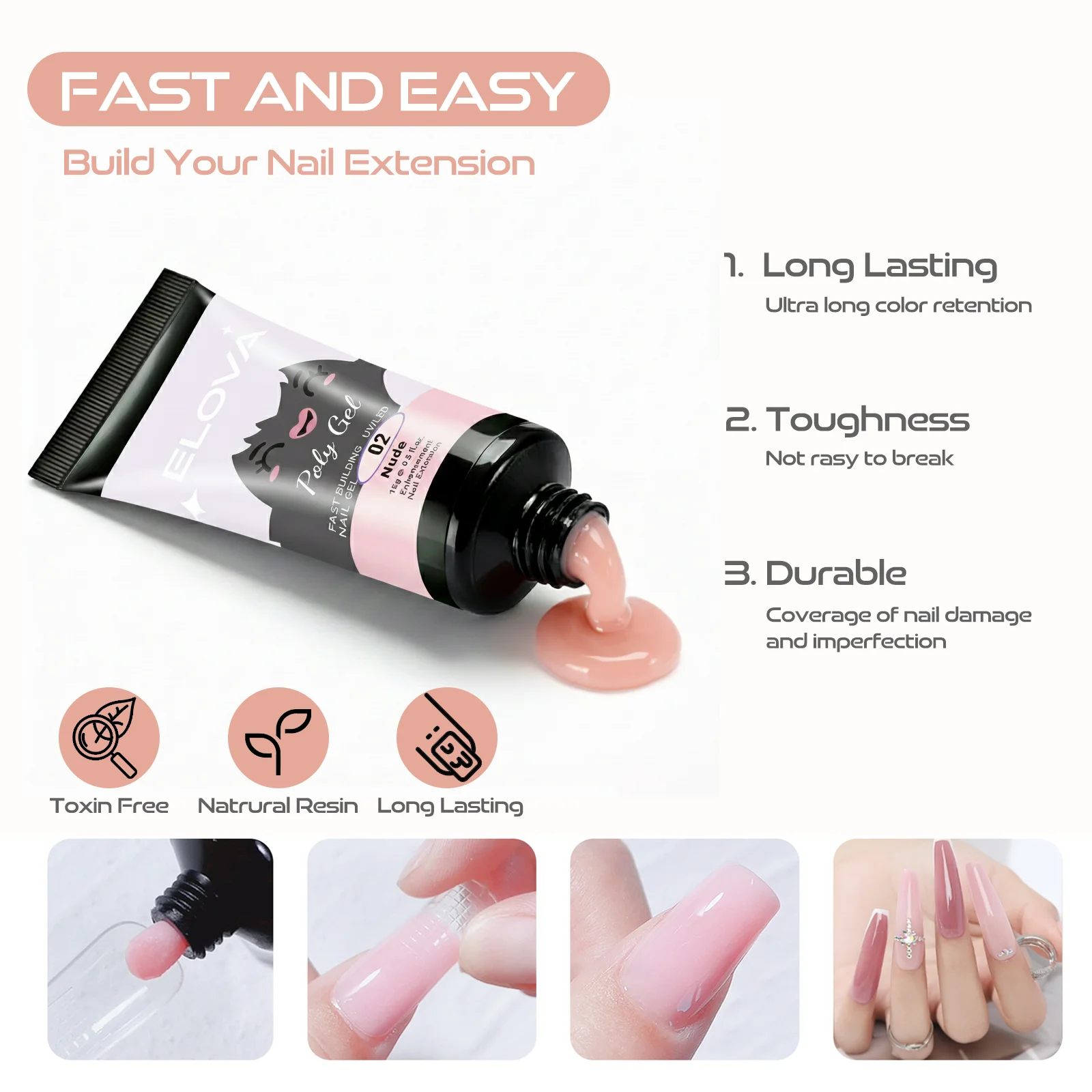 Kit de unhas Elova Polygel para iniciantes, conjunto inicial multifuncional com Polygel nude de 15ml, solução deslizante de 35ml, copo líquido, 24 duplos para