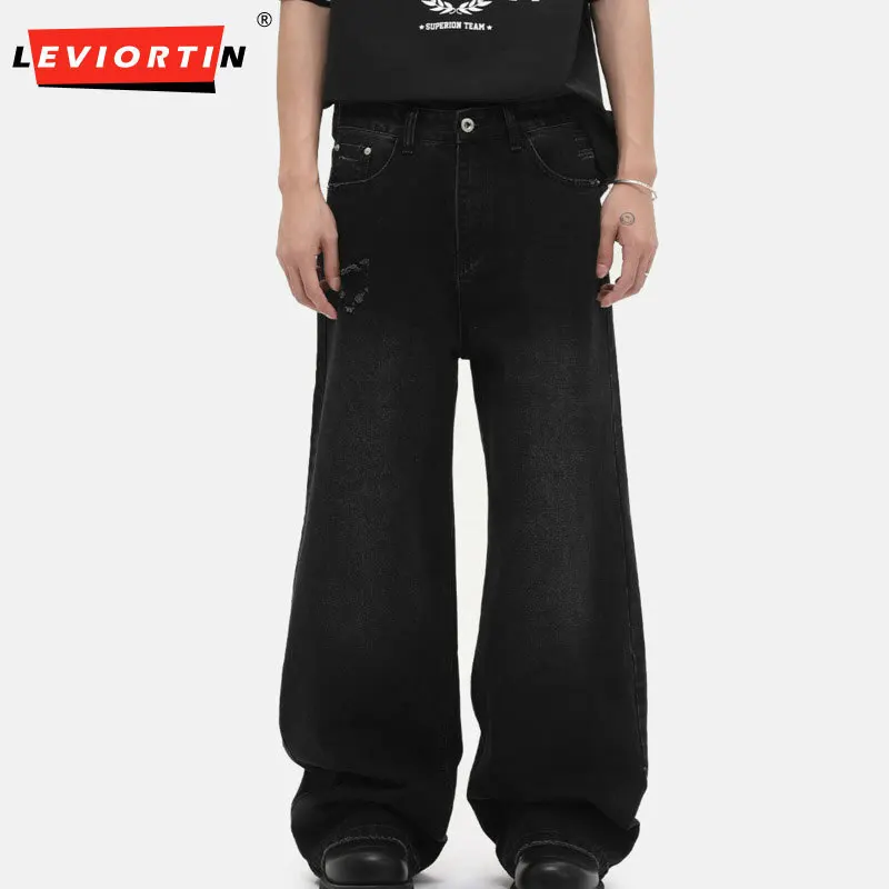 

Летняя мужская мода 2025 года, корейская версия Vibe, простые и потертые, свободные и повседневные, широкие брюки, джинсовые брюки длиной до пола.