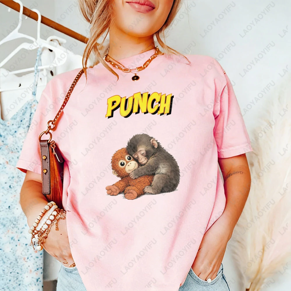 

Monkey Hugging Teddy Bear Punch Text Design Unisex Cotton T-Shirt Casual Summer Wear Trendy Graphic Funny Animal Lover Tee