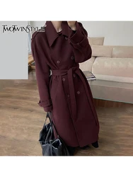 TWOTWINSTYLE Solid Spliced Sashes Long Coats For Women Lapel Long Sleeve Spliced Button Temperament  Trenches Female Fashion New