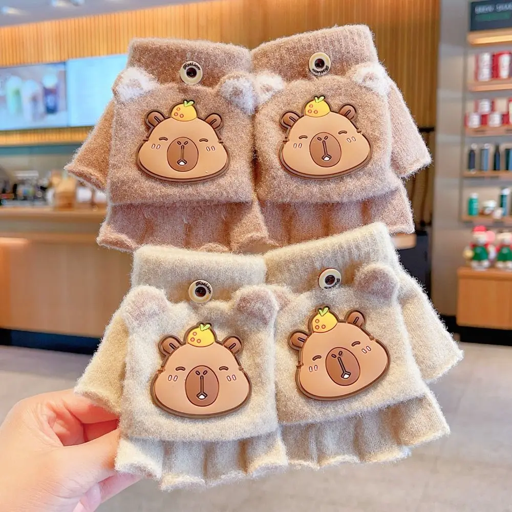 

New 6-10 Years Old Half Finger Gloves Cute Capybara Thickened Winter Flip Gloves Cold-Proof Warm Writing Gloves Outdoor Mittens