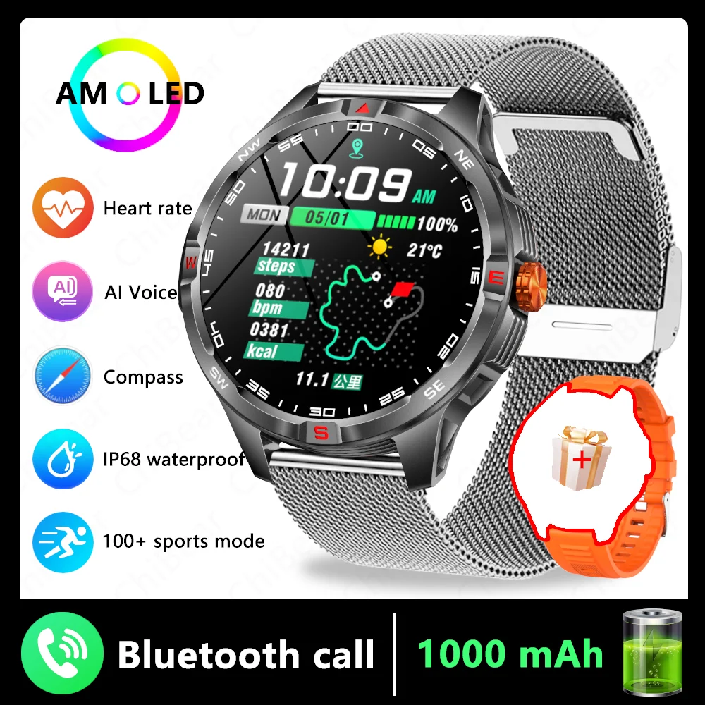 GPS Outdoor Militaire Heren Smart Horloge 5ATM Waterdichte Sport 1000 Batterij Kompas Gezondheid Monitoring Bluetooth Oproep Smartwatches