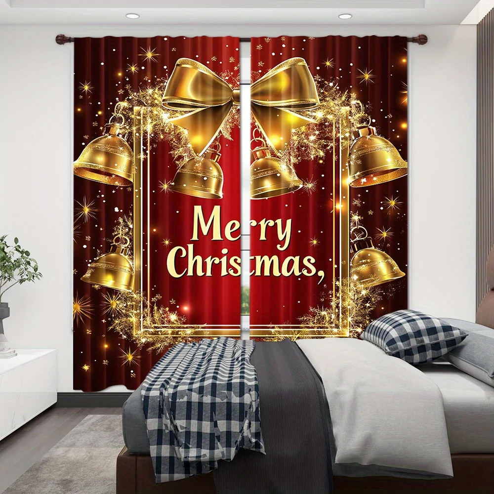 2-Pack Christmas Window Curtains Polyester Rod Pocket Design Digital Print Festive Bells for Living Room Kitchen Bedroom Windows