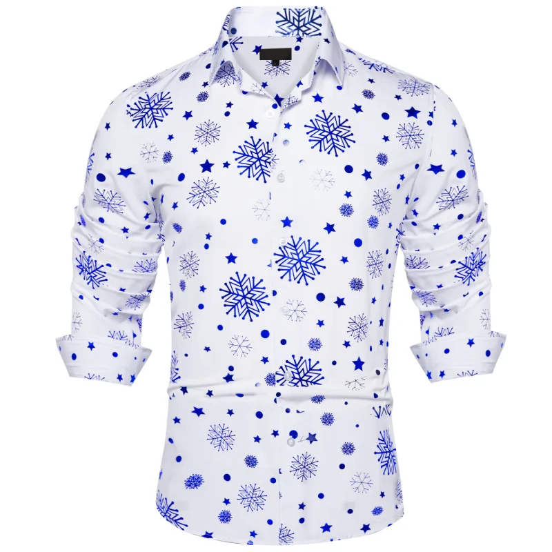 Christmas Men\'s Shirts Party Men Clothing Red Long Sleeve Button Down Collar Dress Shirts Blouse with Silver Snowflake Patterned