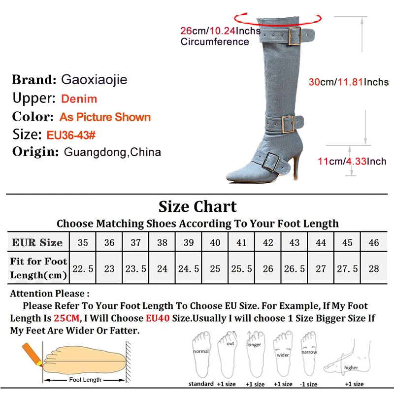 Plus Size 36-43 Women Denim Long Boots Side Zipper 11CM High Heels Fashion Buckle Runway Shoes Woman Pointy Toe Knee-high Boots image 4