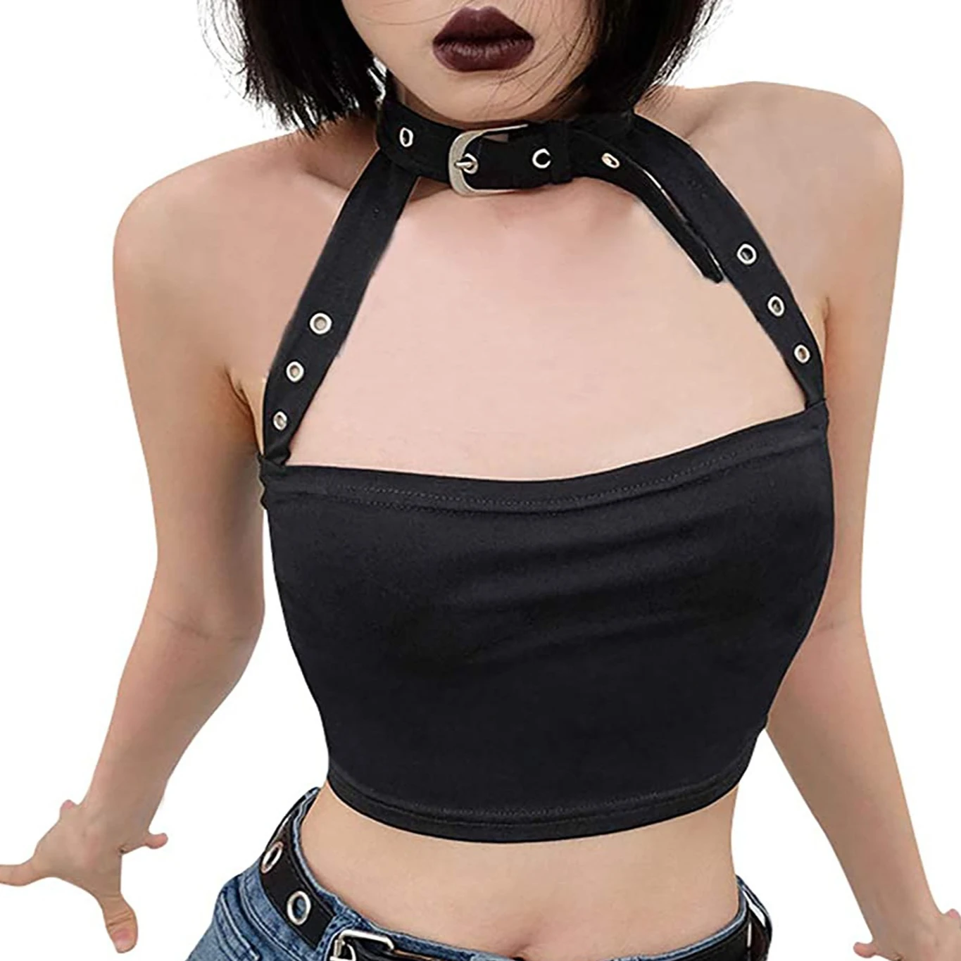 Sexy Buckle Collar Halter Tank Top Women Off Shoulder Backless Bare Midriff Crop Tops Camisole Female Tube Top Cropped Vest
