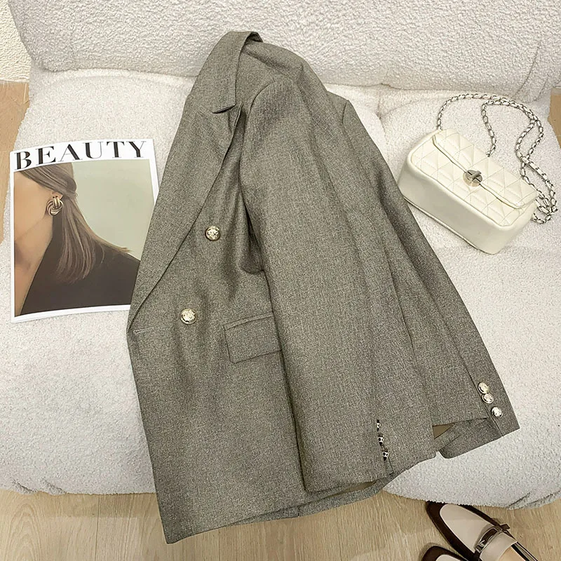 Senior Sense Small Suit Jacket Female Vintage Double-Breasted Loose Blazer Outerweat Woman Versatile Casual Loose Lapel Blazers