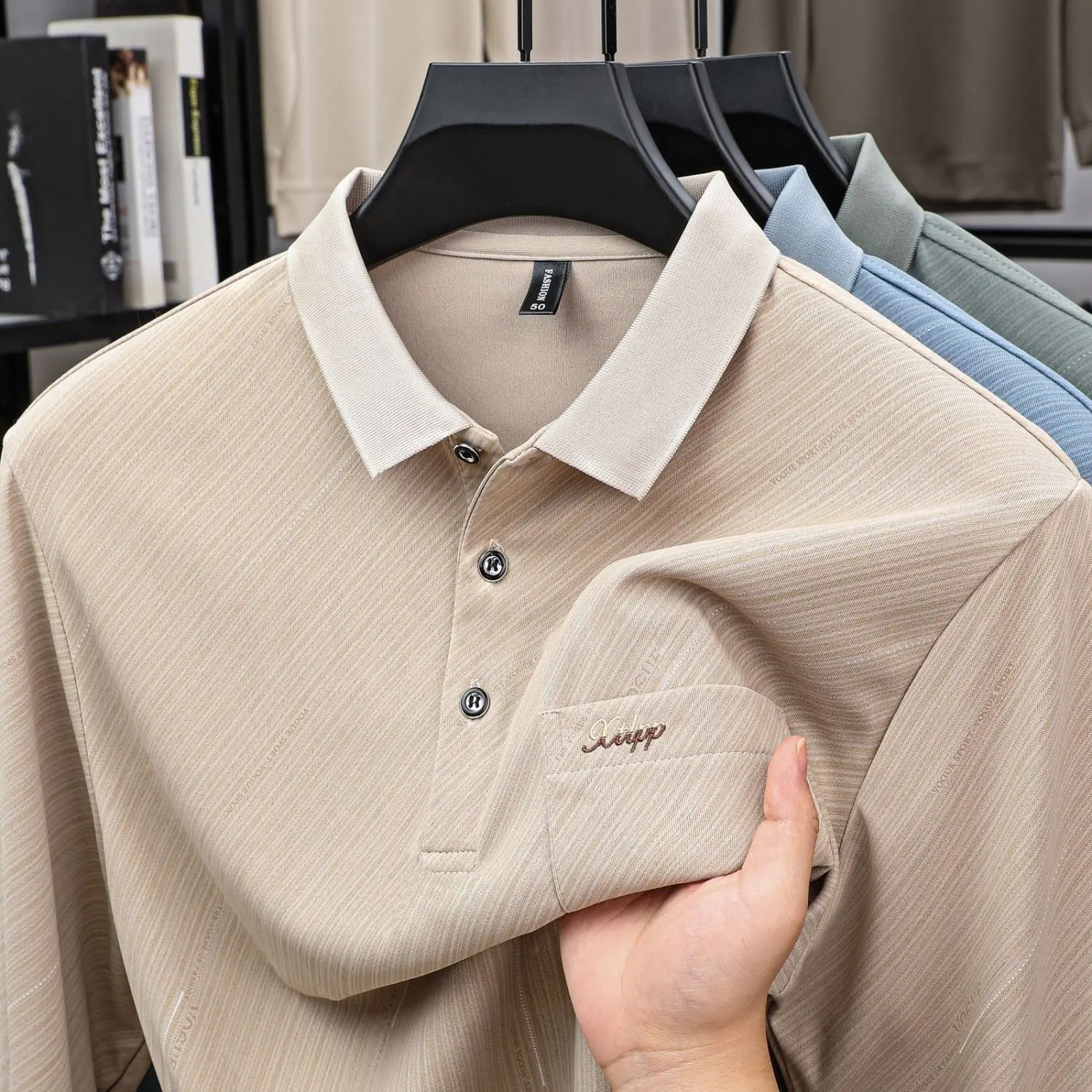 Men's Striped Print Long Sleeve Polo Shirt Premium Embroidered Real Pocket Turn Down Collar Versatile Fall Tops for Dad