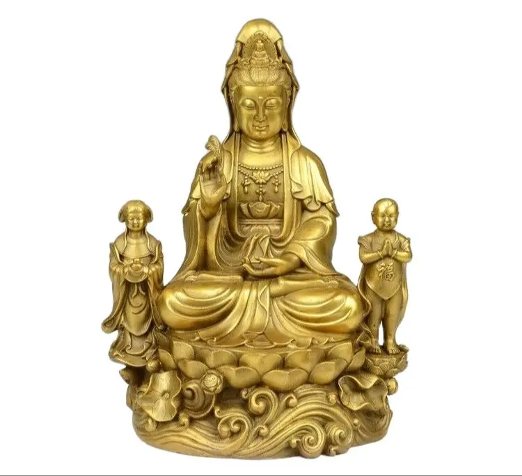 30CM Tibet Buddhism Brass Copper Boy Lotus Seat Kwan-yin Guanyin Bodhisattva Statue