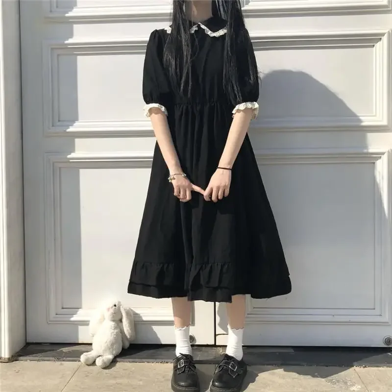 Autumn new black kawaii lolita dress lotus girl fairy cute doll collar puff sleeve 2024 fashionable WOMEN'S clothin