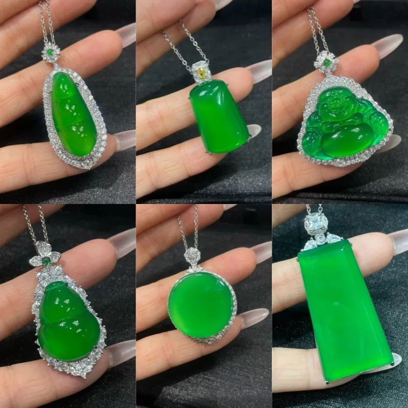 

Green Chalcedony Silver Inlaid Buddha Male Four Seasons Bean Wushi Gourd Leaf Jade Pendant