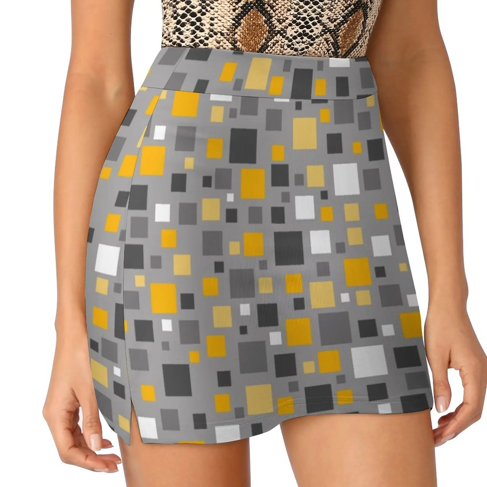 Mustard Yellow And Grey Squares Pixel Polka Dot Women's skirt Sport Skort Skirt With Pocket Fashion Korean Style Skirt 4Xl