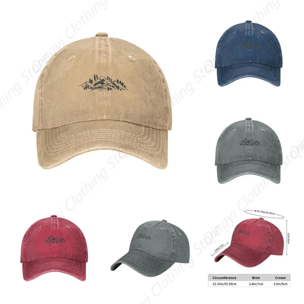 

Minimalist Line Drawing Mountain Forest Camping Gift Cowboy Baseball Cap Hat Unisex Adjustable Golf Gym Natural