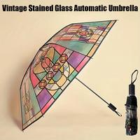 Stained Glass Umbrella British Style Rainforest Arch Umbrellas Vintage Hand-Painted Transparent Parasol Auto Folding Umbrella