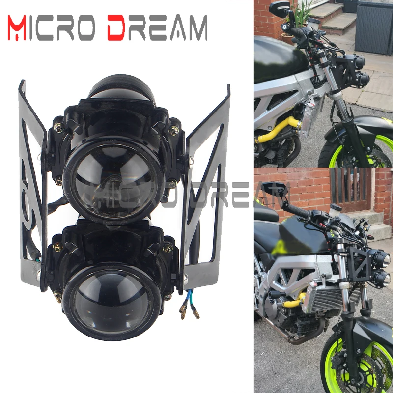 Motorcycle Twin Stacked Projector Headlight Street Bikes Dual Headlamp Head Light Front Lamp Cafe Racer Running Light For Harley