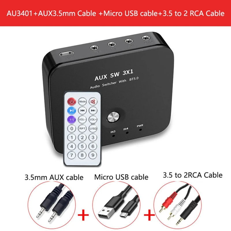 HIFI 4-Port 3.5Mm Stereo AUX Switcher 3 In 1 OUT Wireless Music Bluetooth 5.0 Receiver Bluetooth Audio Adapter