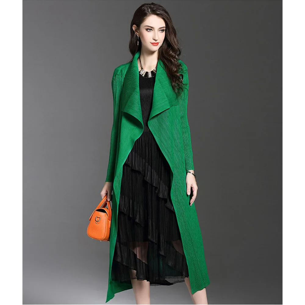 Spring Women's Fashion Pleated Long Windbreaker Turn Down Collar Open Cardigan Women's Shawl Female Trench Coat W1101