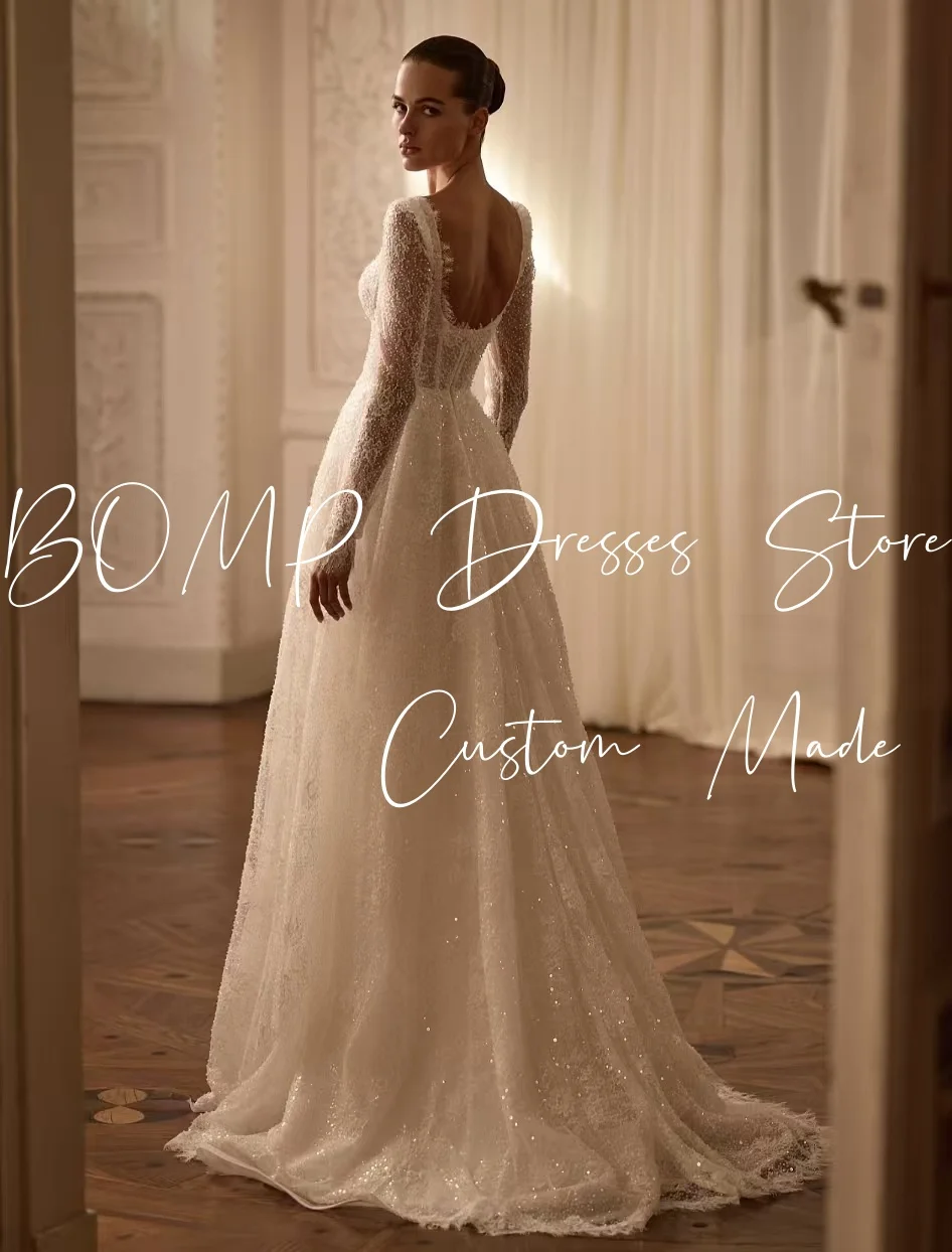 Bomp requintado vestido de casamento lantejoulas querida mangas de renda completa drapeado a linha trem varredura vestido de noiva personalizado robe de mariée