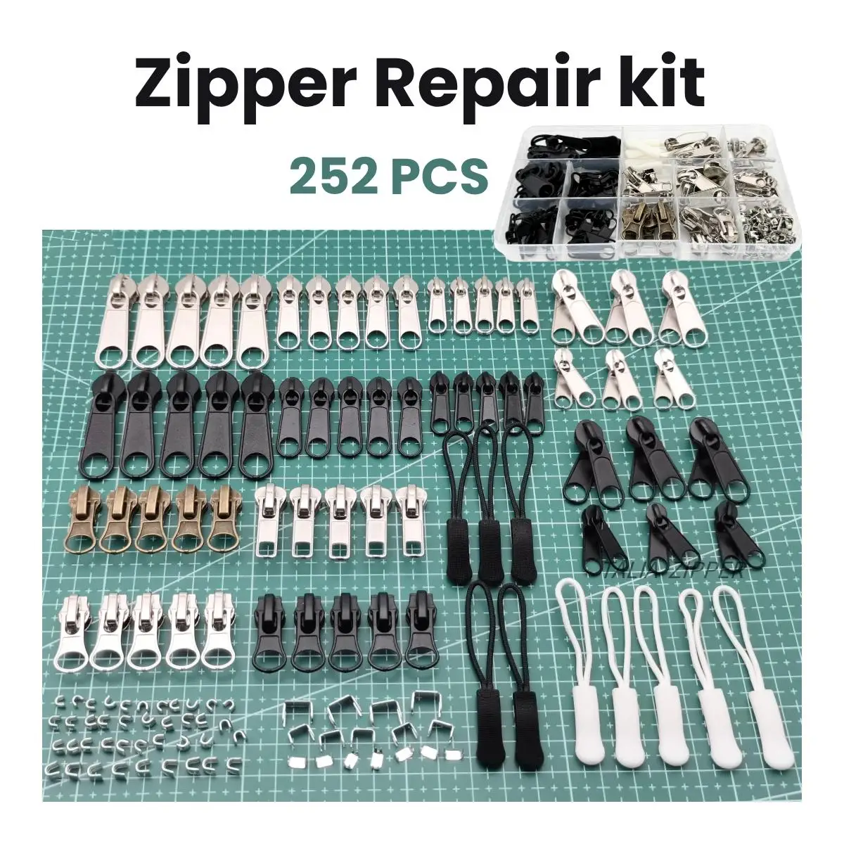 252 Pieces Zipper Repair Kit Replacement Zipper, Zipper Pulls, Installation Tools for Bags Tents Luggage Sleeping Bag Jacket Out