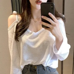 Spring New Korean Sexy Off Shoulder Loose T Shirts Long Sleeve Solid Color Lacing Thin Tops Tees Fashion Casual Women Clothing