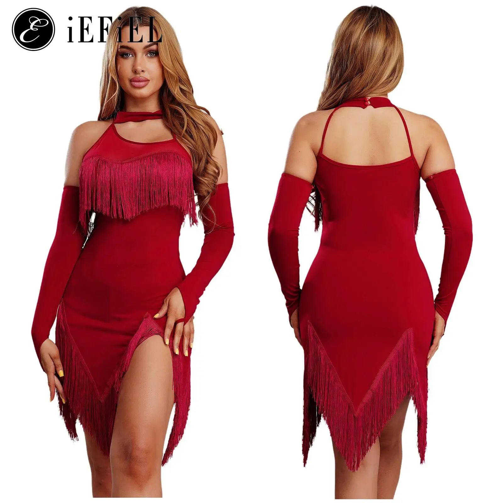 

Женское платье для латинских джазовых танцев, платье без рукавов с нерегулярным подолом и кисточками + защитные шорты для танго, ча-ча, сальсы