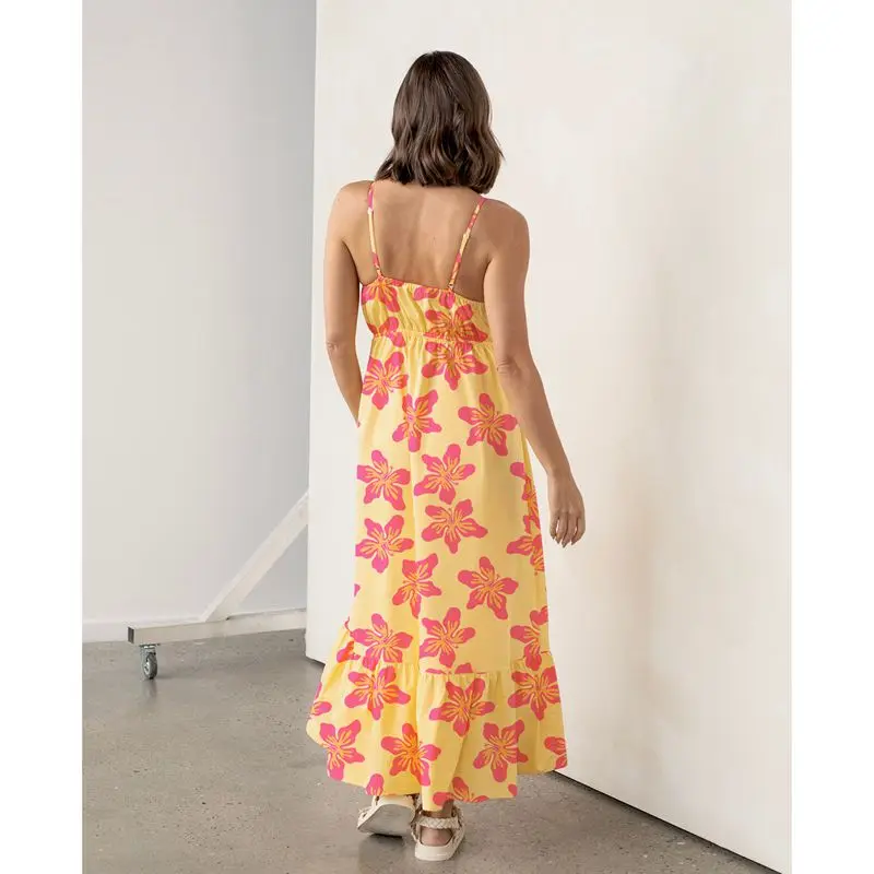 ผู้หญิงฤดูร้อนความงามดอกไม้พิมพ์แขนกุดปรับสายบางสแควร์คอBackless A-Line Slip Camiชุดยาว