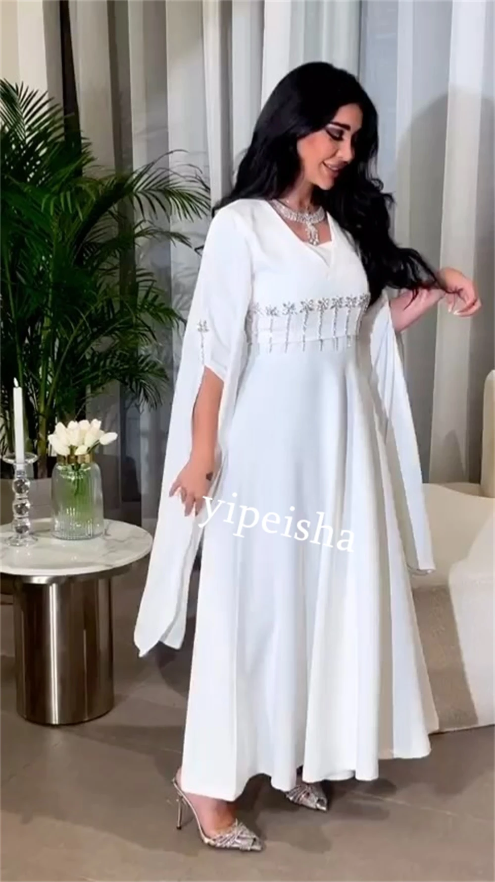 CustomizedExquisite High Quality Sparkle Jersey Sequined Valentine's Day Column V-neck Bespoke Occasion Gown Midi Dresses