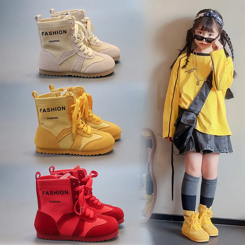 Girls Mid-calf Short Short Boots Kids High Top Zip Shoes Autumn Fashion Children Cloth Sude Splicing Boot Boy Non-slip Trainers